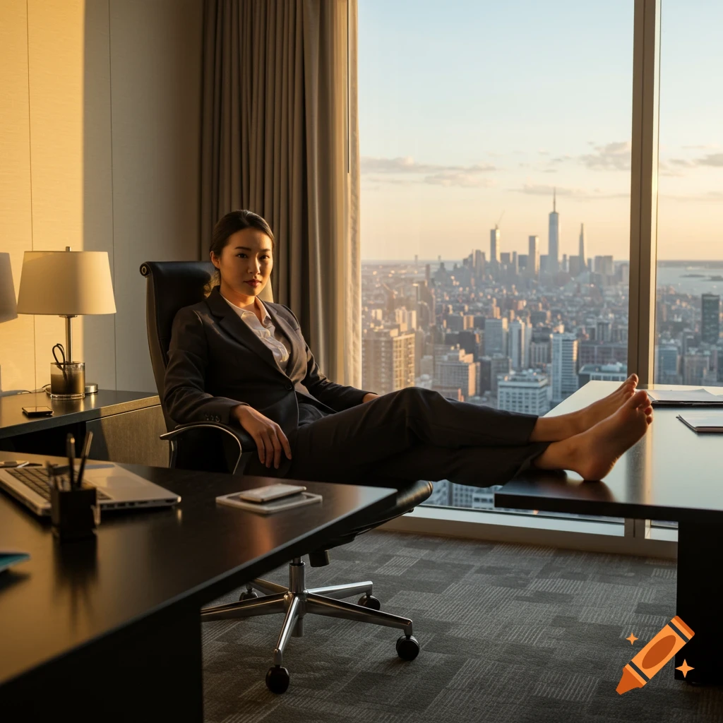 Photorealistic image of an Asian businesswoman relaxing in an office chair with her bare feet propped on a desk, looking out at a city skyline.