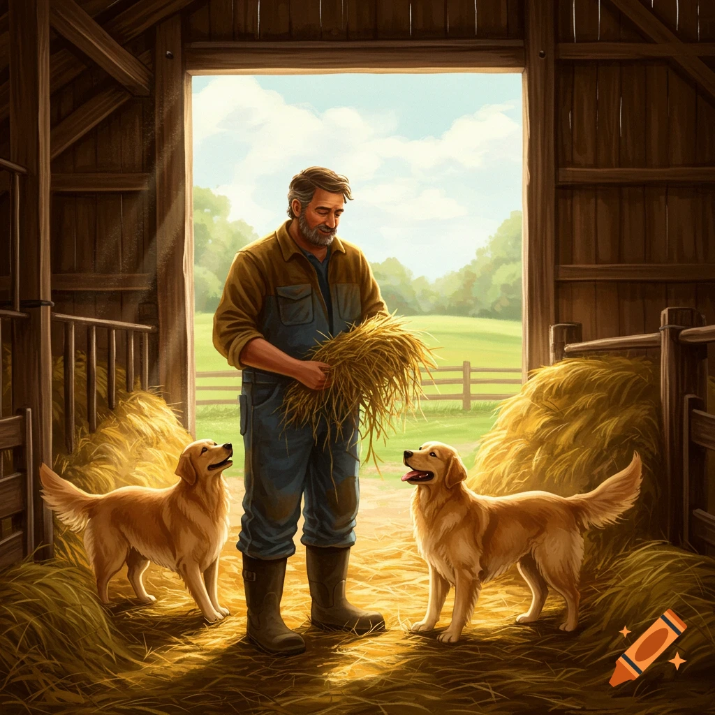 A farmer in a barn holding hay while two golden retrievers look at him.