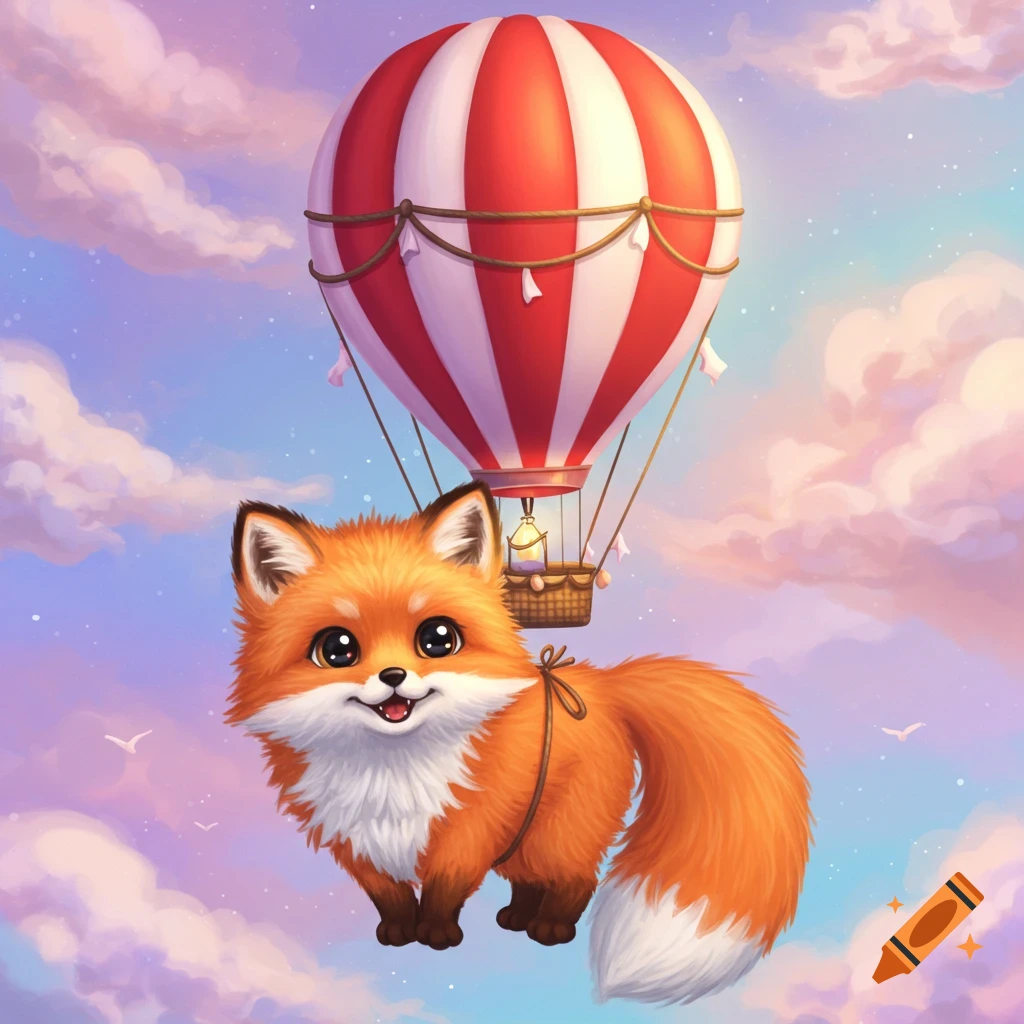 Cute cartoon fox flying with a red and white hot air balloon in a fantasy sky