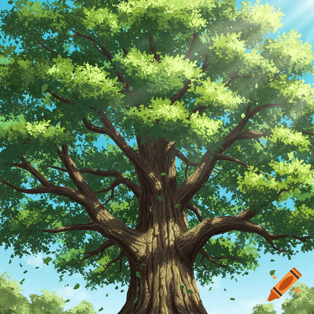 A large tree seen from below, looking up into the branches.