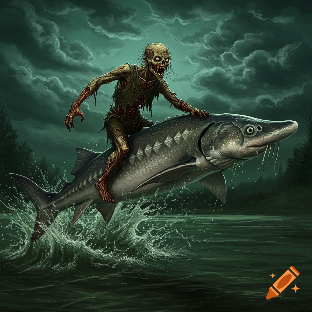 A zombie riding a sturgeon through dark water under a stormy sky.