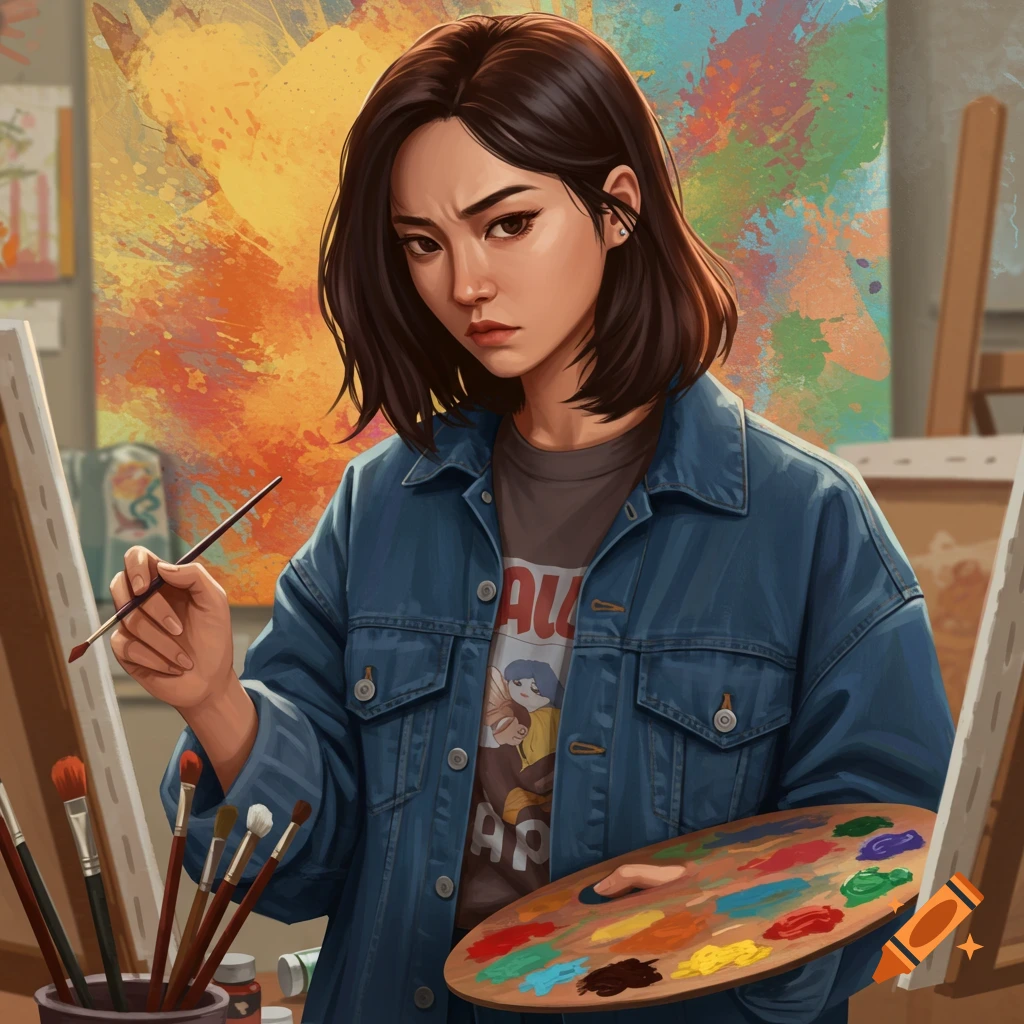 An artist with a palette and brush in front of a canvas.