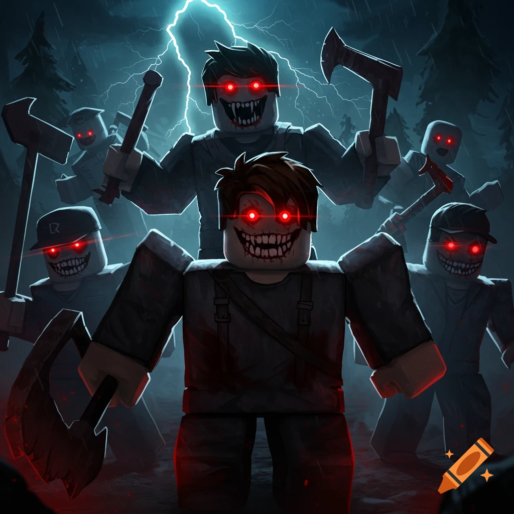 Stylized Roblox-like characters with red eyes and sharp teeth holding weapons under stormy lightning.