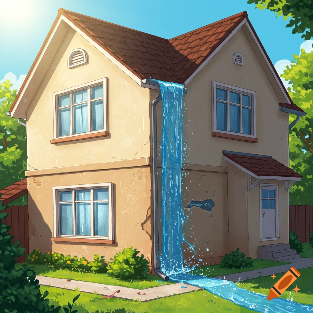 A house with a large water leak from the gutter on a sunny day.