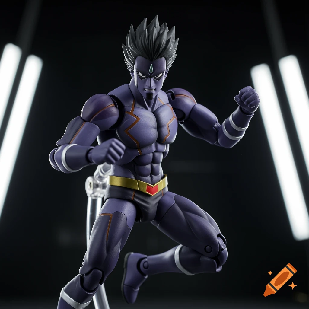 Purple muscular action figure in a dynamic pose against a dark background.