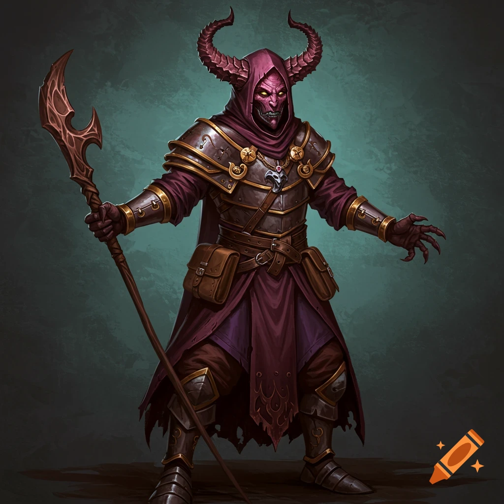A horned fiend warlock in purple robes and armor, holding a staff.
