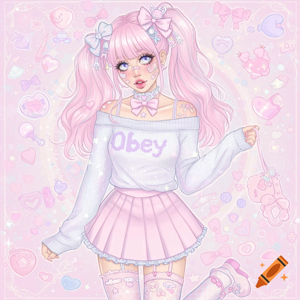 Pastel anime girl with pink twin tails wearing an Obey sweater