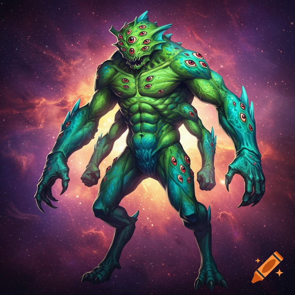 A multi-limbed, multi-eyed green and blue monster against a cosmic background.