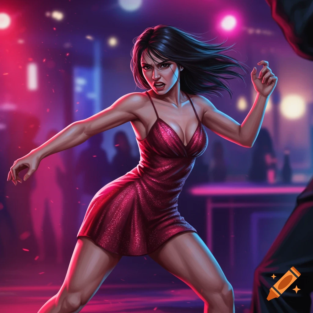 A woman in a red dress performing a martial arts move in a dimly lit nightclub.