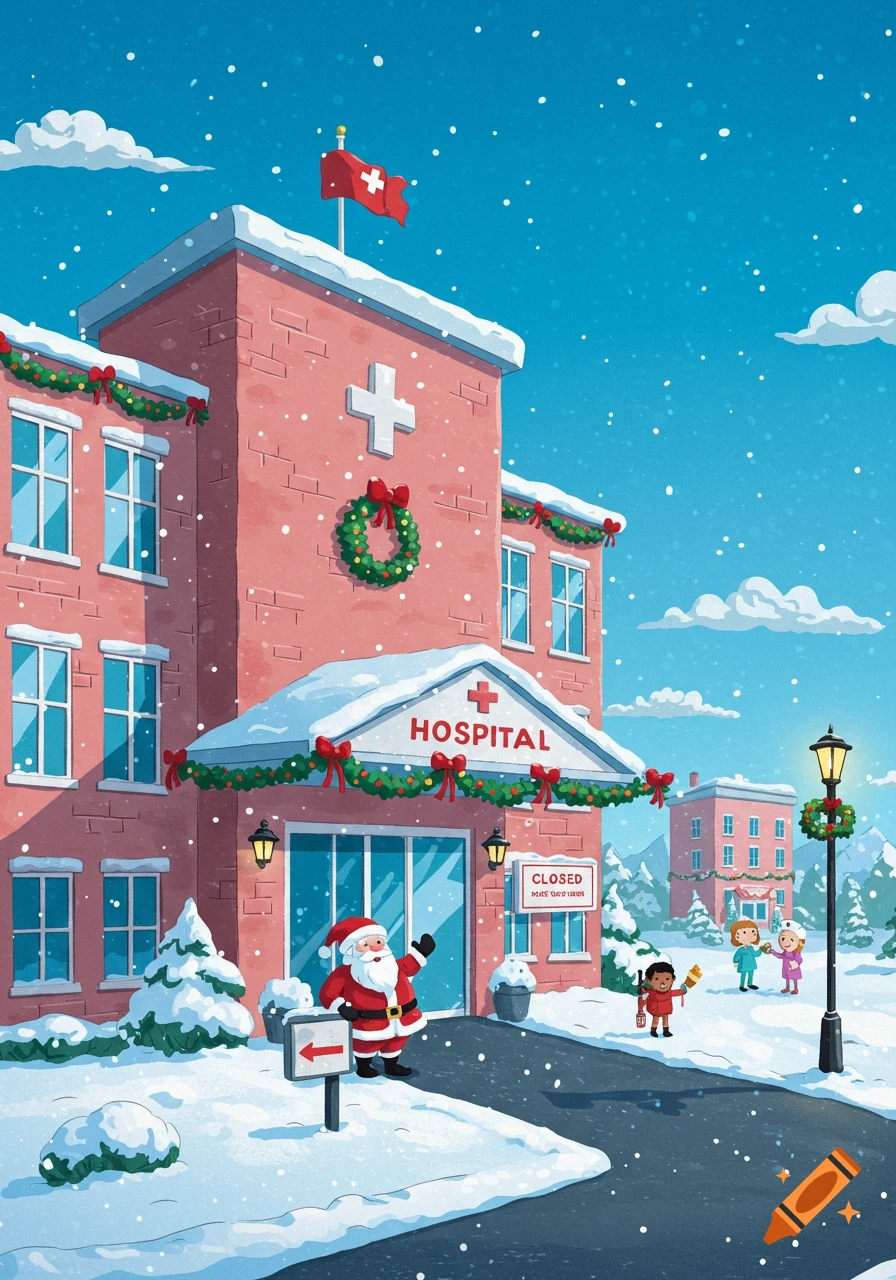 Cartoon illustration of Santa Claus outside a Christmas-decorated hospital in the snow with children.