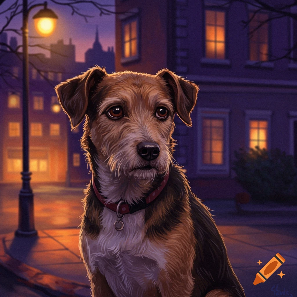 A scruffy brown and black dog sits under a street lamp in a city at dusk.