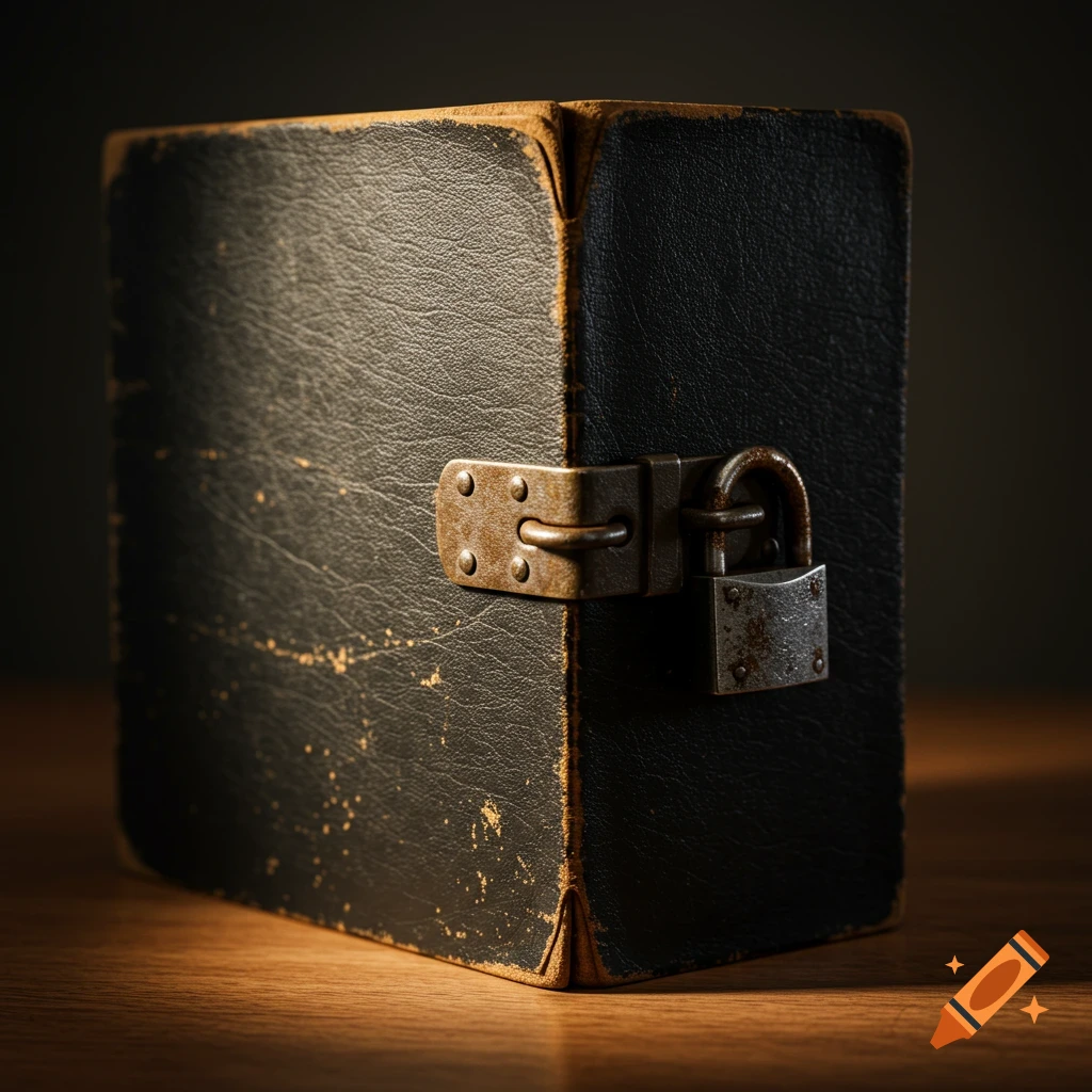 Close-up photorealistic image of an old, dark, textured box with a rusted metal lock on a wooden surface.