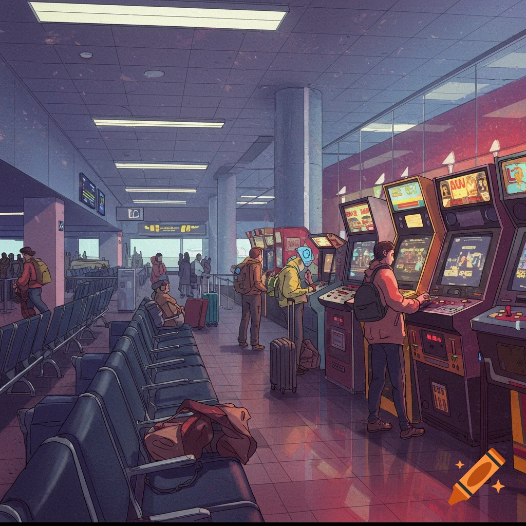 Stylized image of an airport waiting area with arcade machines and people.