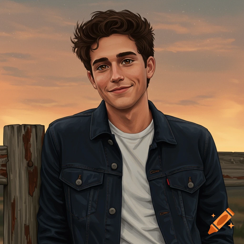 Picture of a young man smiling, leaning on a fence at sunset.