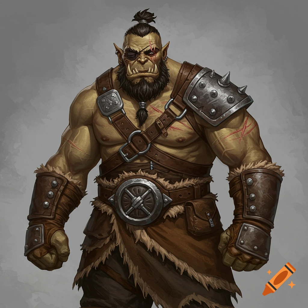 Painting of a muscular orc barbarian with a scar and leather armor.
