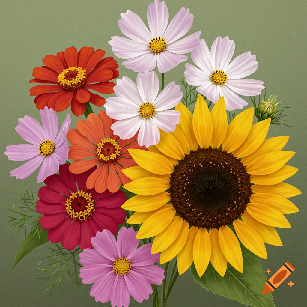 Colorful flower bouquet with a sunflower, zinnias, and cosmos.