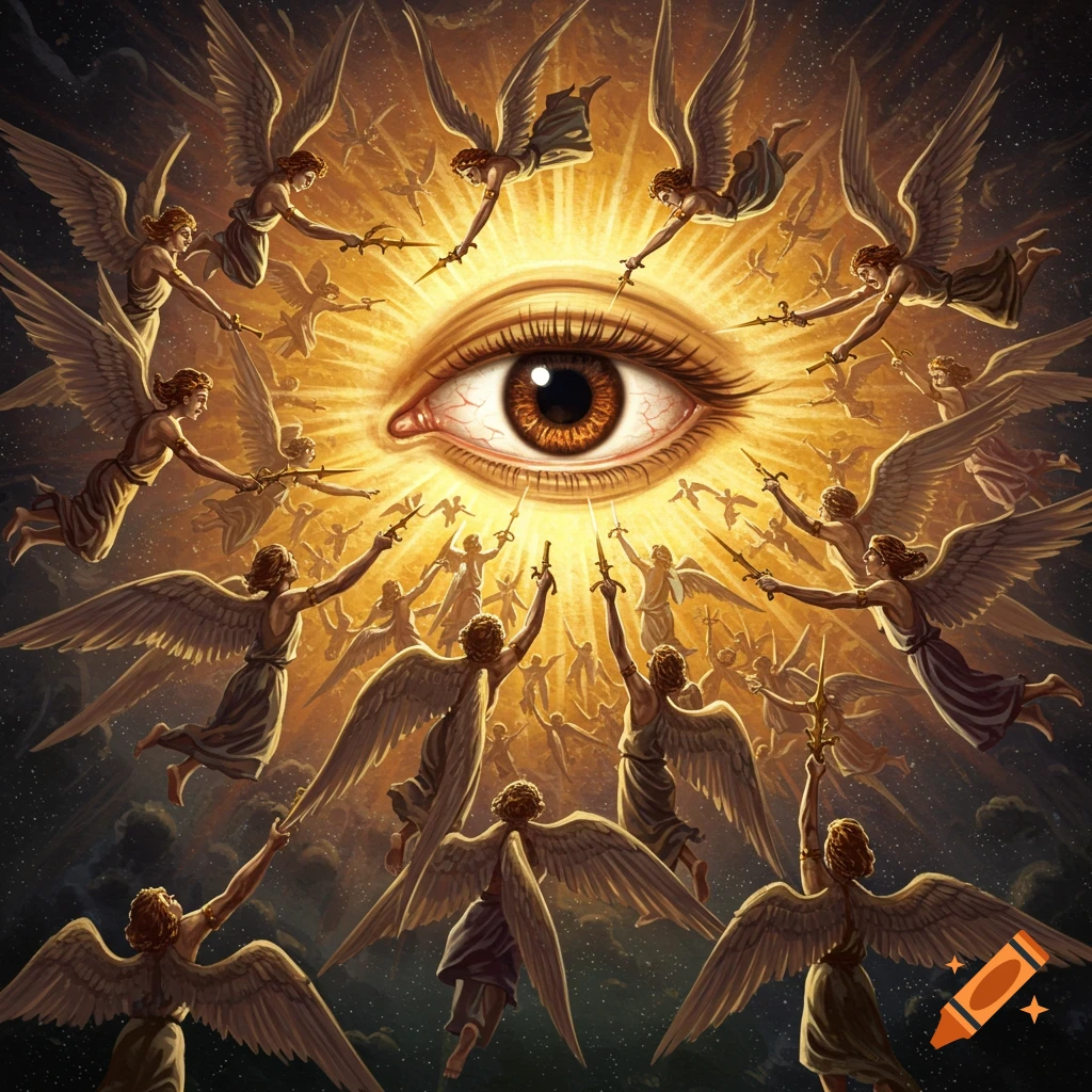 A large eye surrounded by angels with swords in a radiant sky.