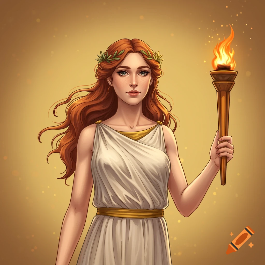 Hestia, the Greek goddess, with red hair and a laurel wreath, holding a lit torch.
