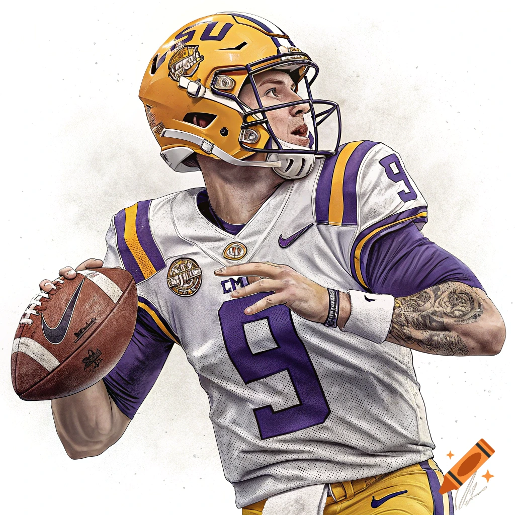 Detailed illustration of an American football player in an LSU uniform preparing to throw a pass.
