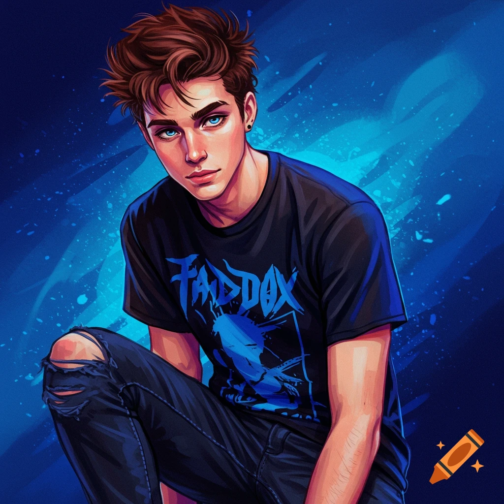 A young man with messy brown hair and blue eyes is wearing a black graphic tee and ripped jeans, squatting against a blue background.