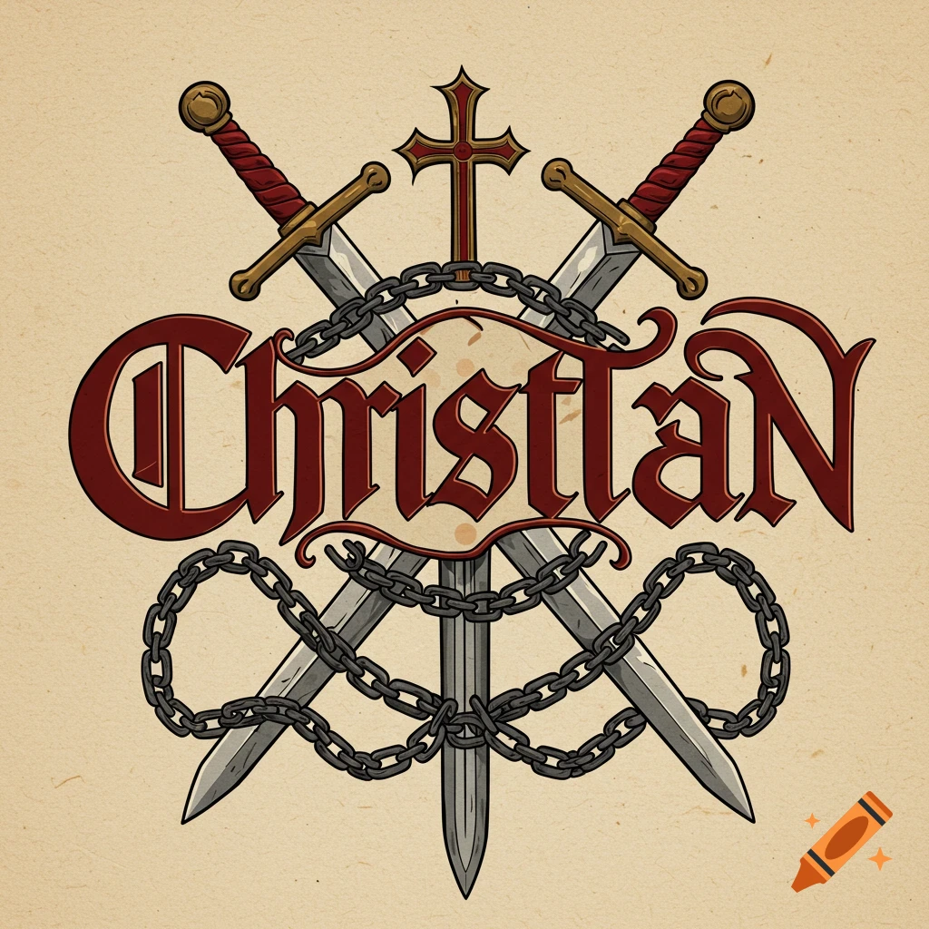 Medieval style logo with crossed swords, chains, a cross, and the word Christian.