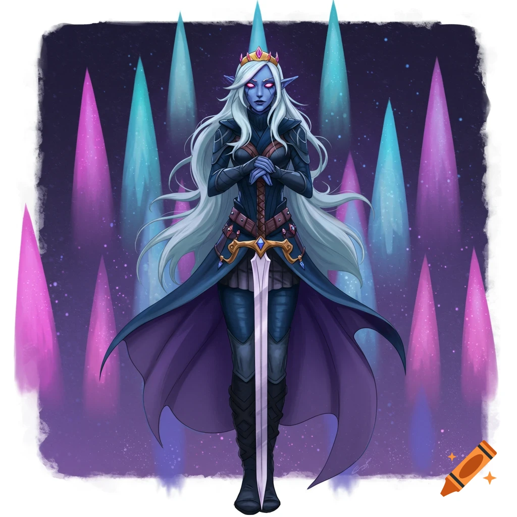 of a blue-skinned elf in armor holding a sword.