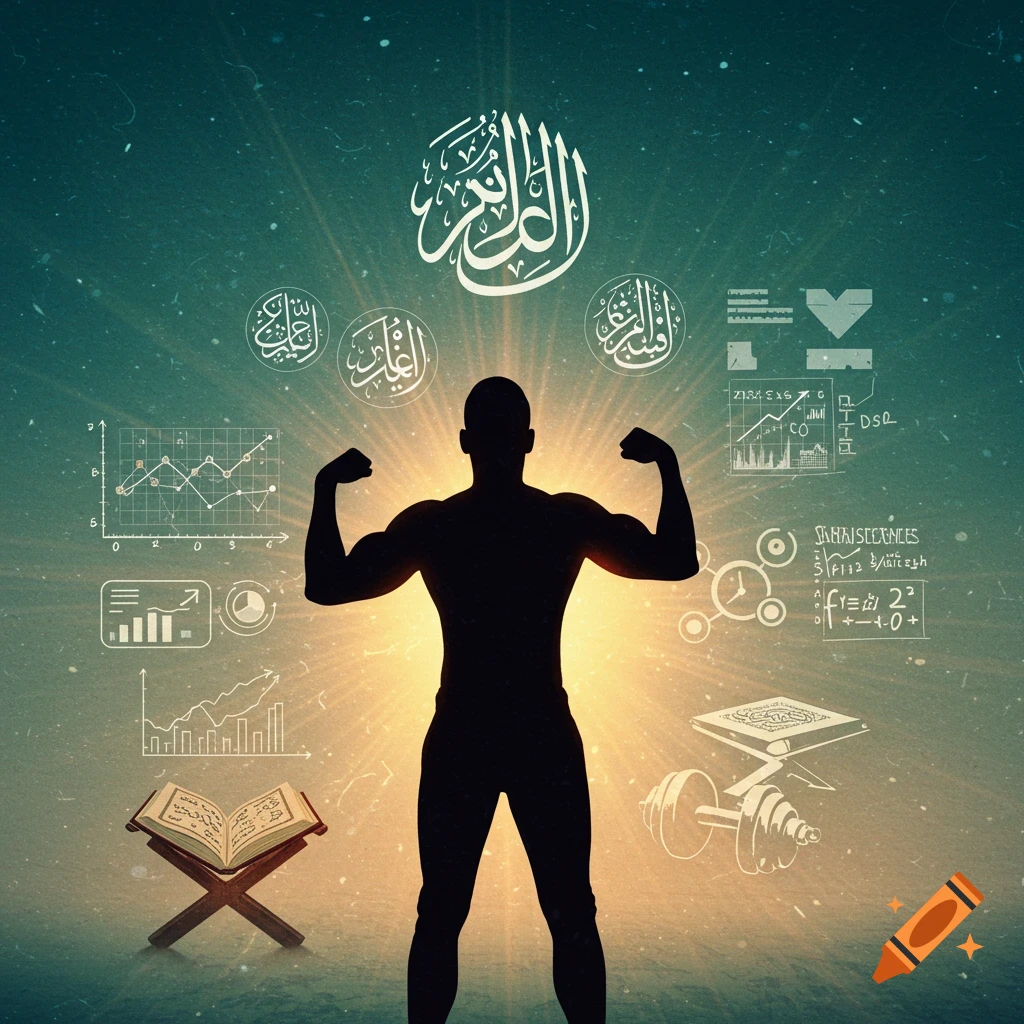 Digital art of a silhouette flexing, surrounded by symbols of Islam, knowledge, and fitness like calligraphy, a Quran, graphs, and a dumbbell.