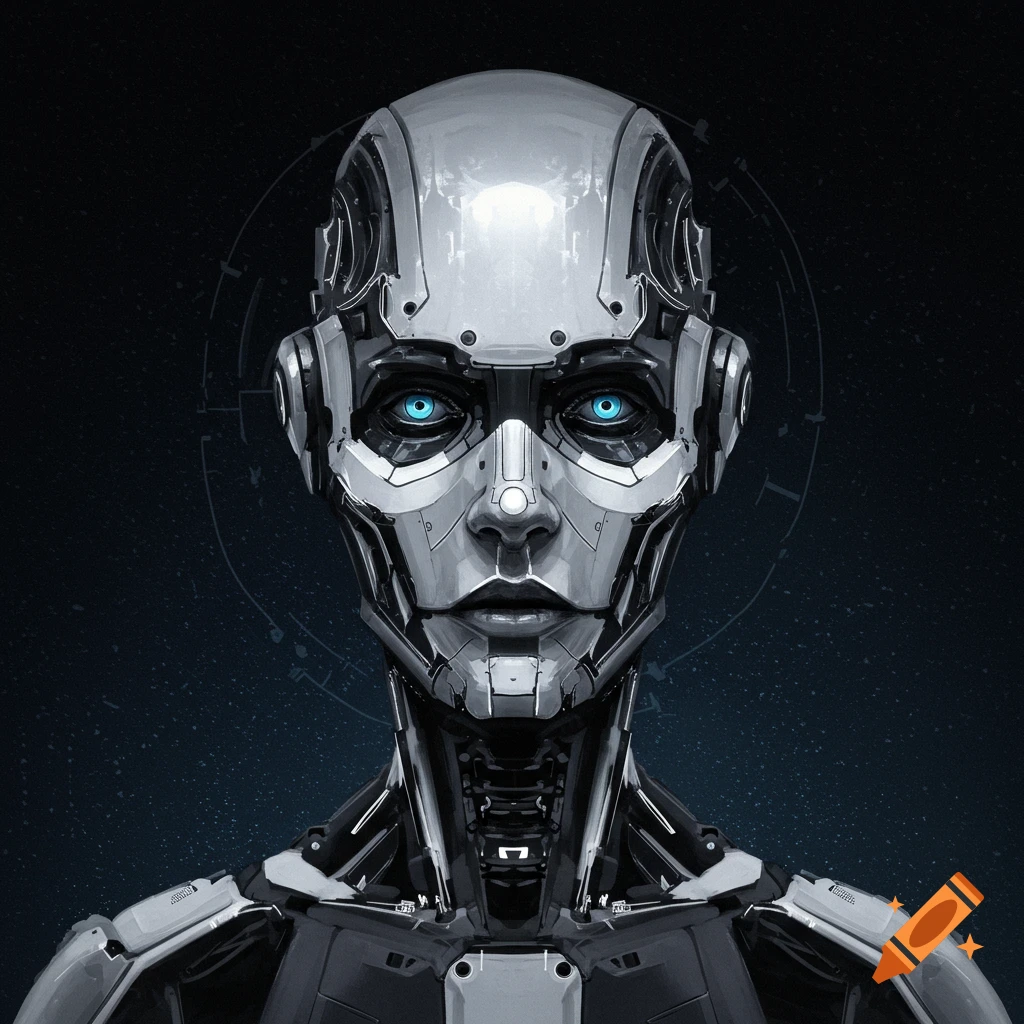 Close-up of a metallic robotic head with piercing blue eyes.