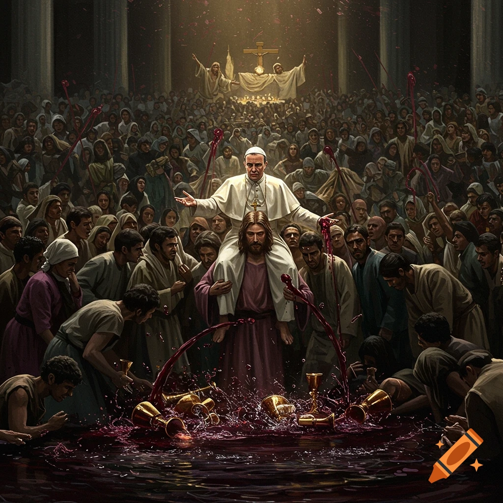 A Pope is depicted on Jesus' shoulders in front of a crowd, with wine spilling.