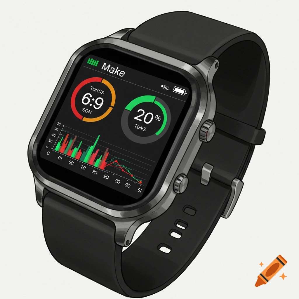 A smartwatch displays health data charts and statistics on its screen.