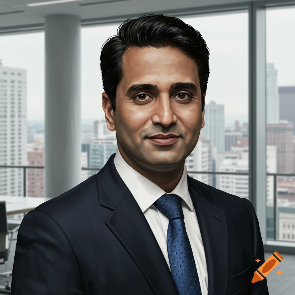 A man in a suit in an office with a city view