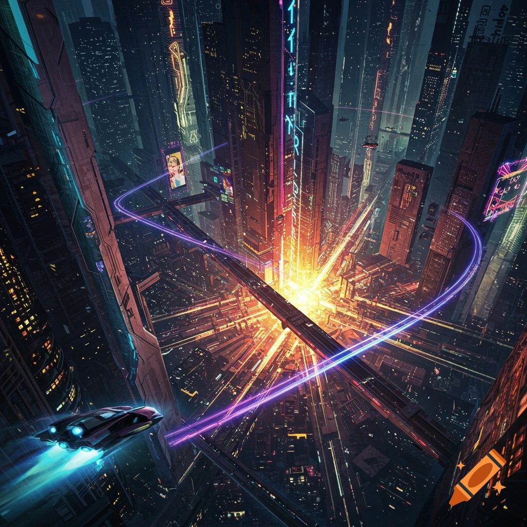 Aerial view of a futuristic cyberpunk city with skyscrapers, neon lights, and a flying vehicle.