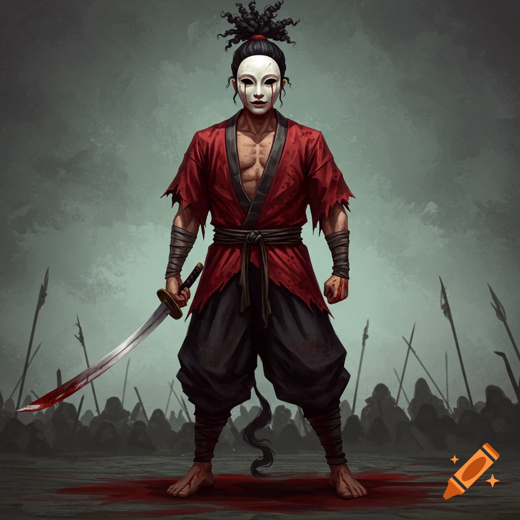 A masked warrior with a bloody sword standing on bloodstained ground surrounded by spears.