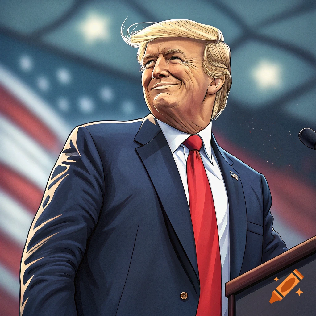 Stylized portrait of Donald Trump smiling at a podium in front of an American flag.