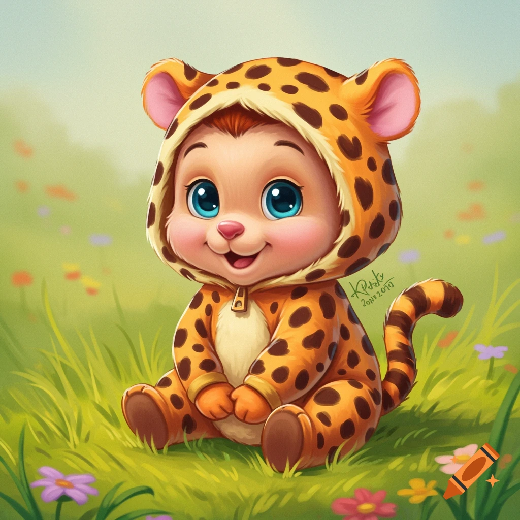 Cute cartoon baby character wearing a cheetah costume sits in a grassy meadow with flowers.