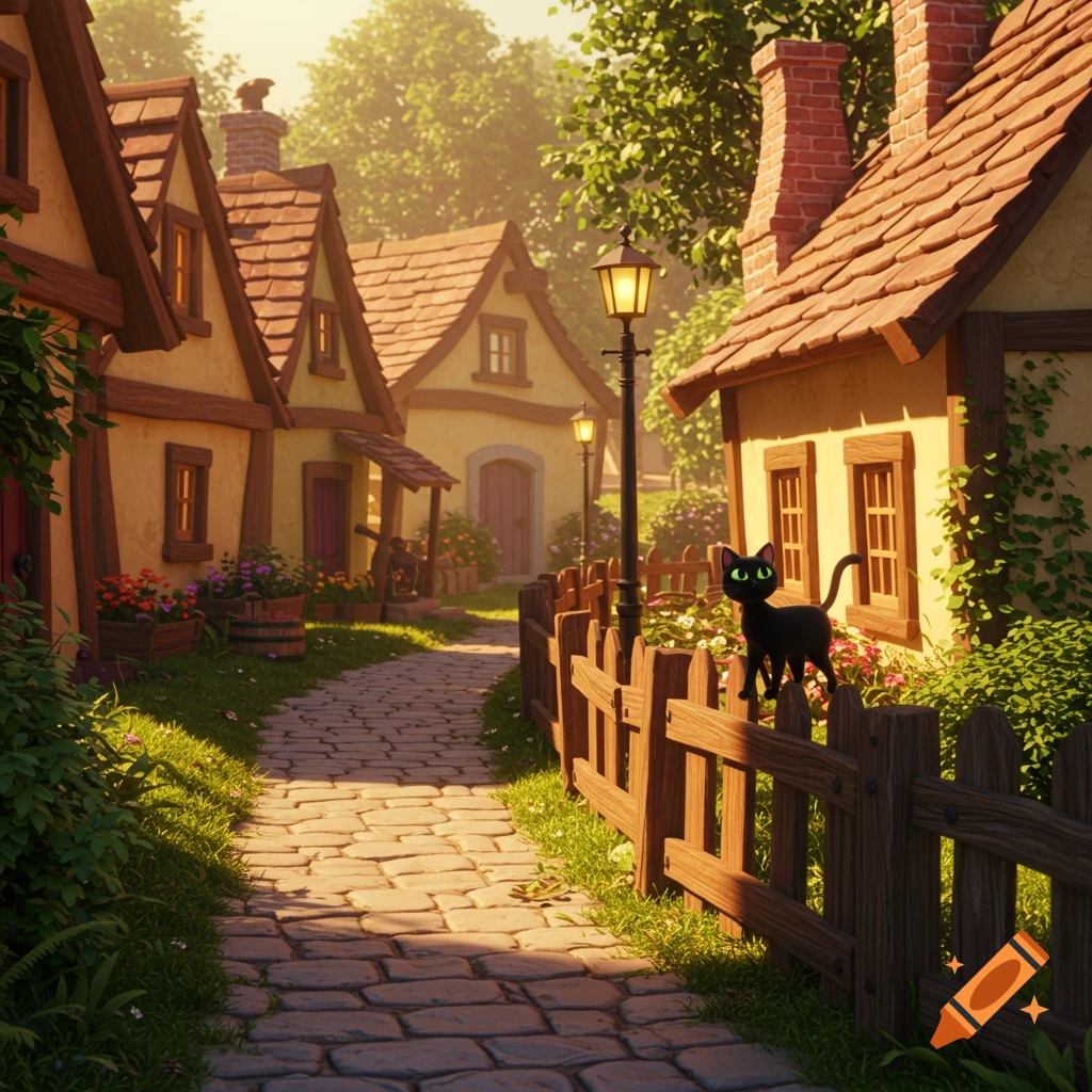Pixar-style village with a black cat on a fence along a cobblestone path and cottages.