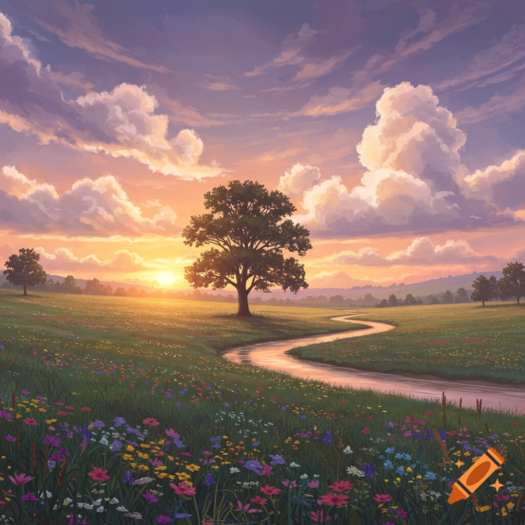 A lush landscape with a winding river, large tree, wildflower field, and colorful sunset clouds.