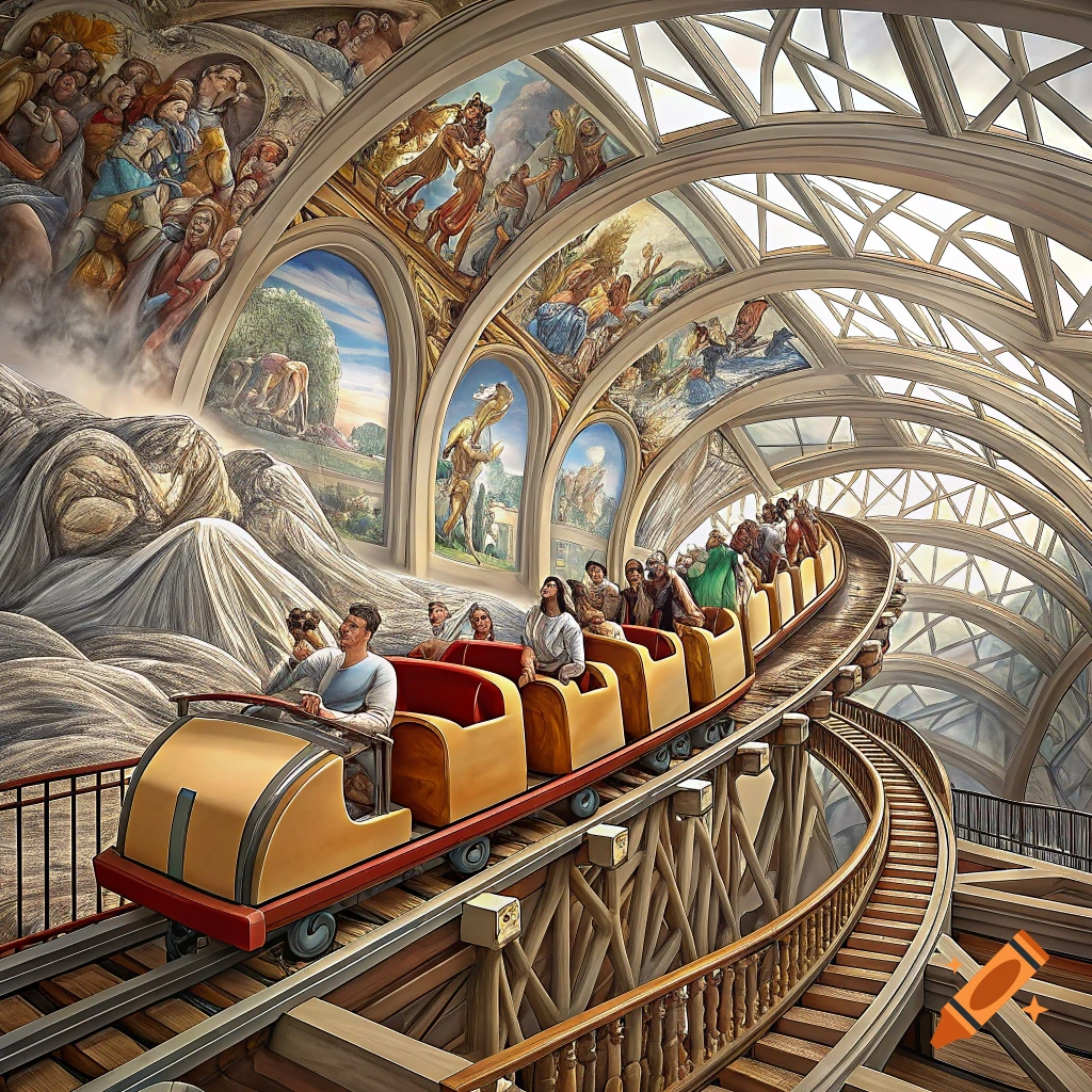 Roller coaster with riders inside an ornate building featuring frescoes on the ceiling and walls.