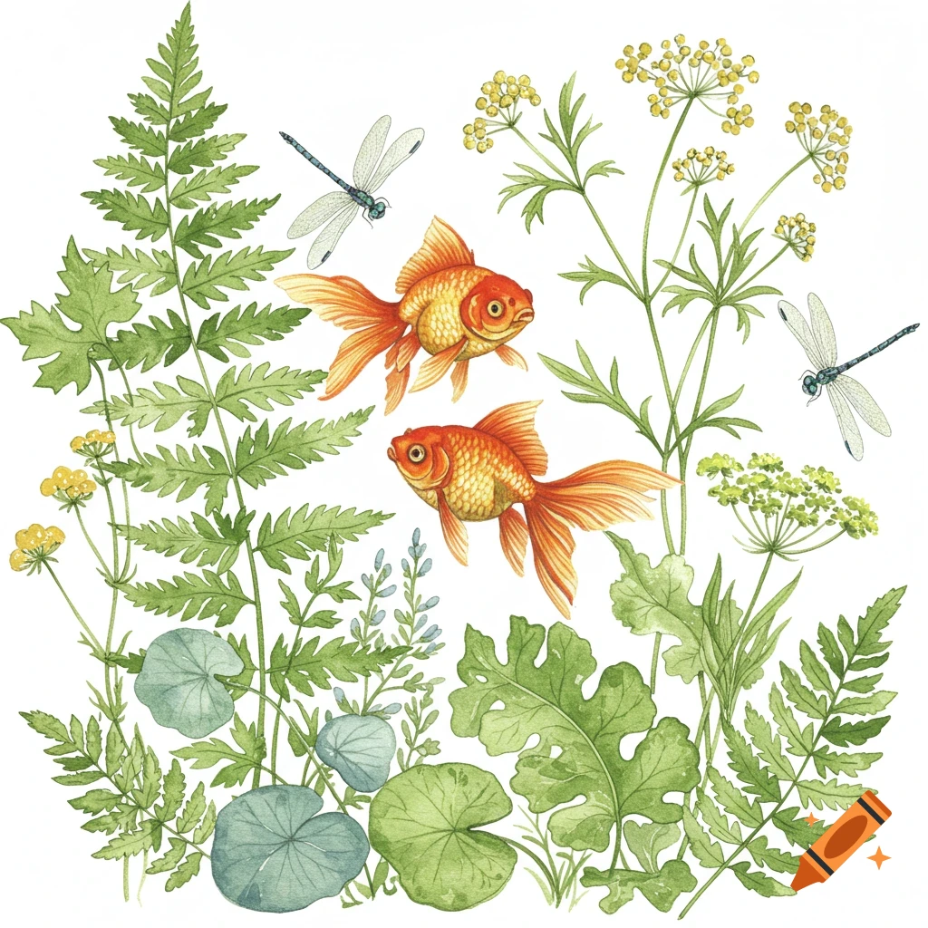 Watercolor illustration of goldfish and dragonflies among green plants.