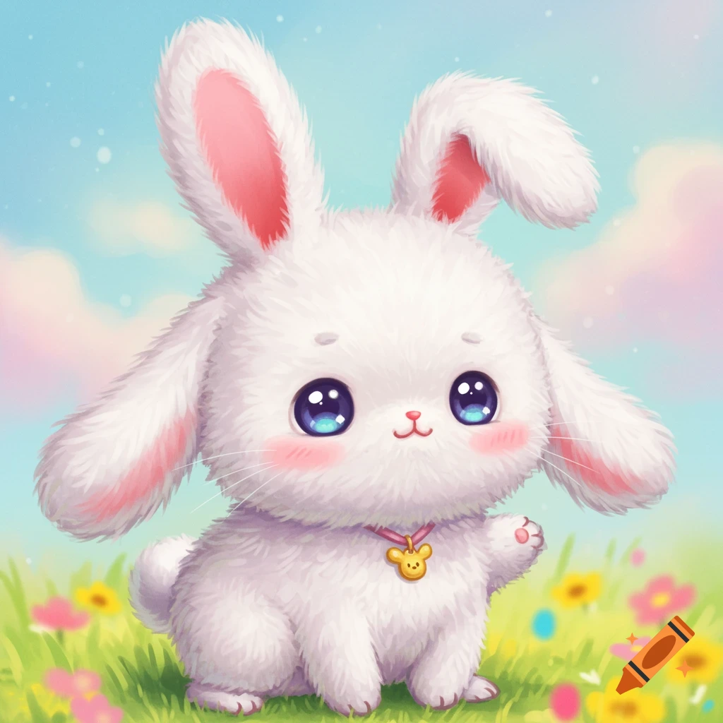 A fluffy white Kawaii bunny in a meadow.