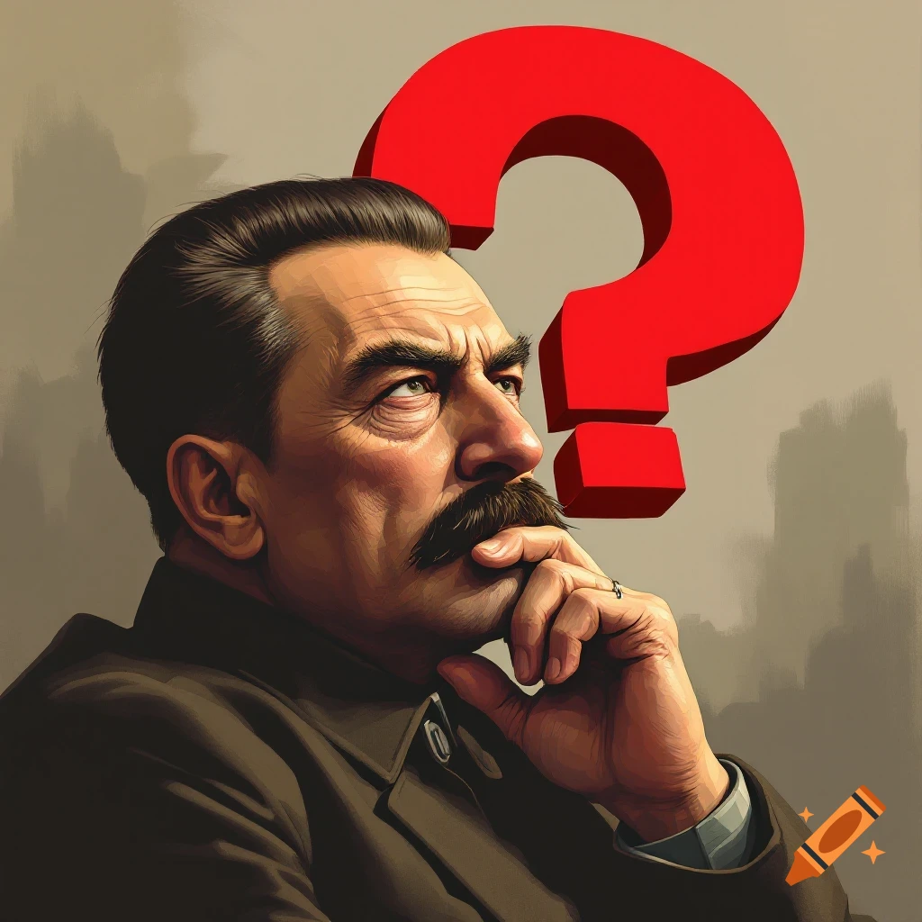 Joseph Stalin thinking with a large red question mark over his head.