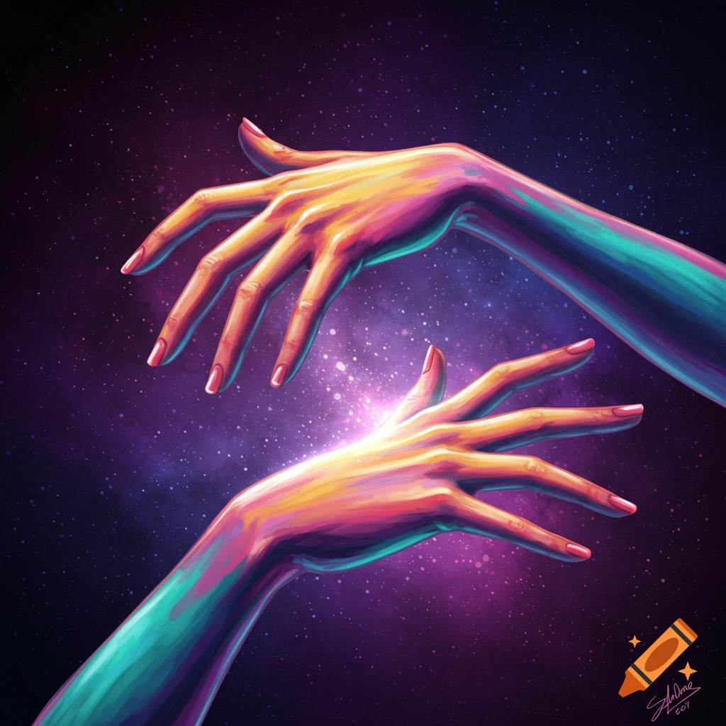 Two stylized hands reaching toward each other against a colorful galaxy background.