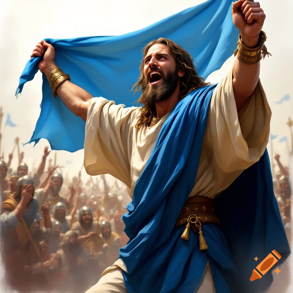 Jesus is cheering and waving a blue banner in front of a crowd in medieval times.