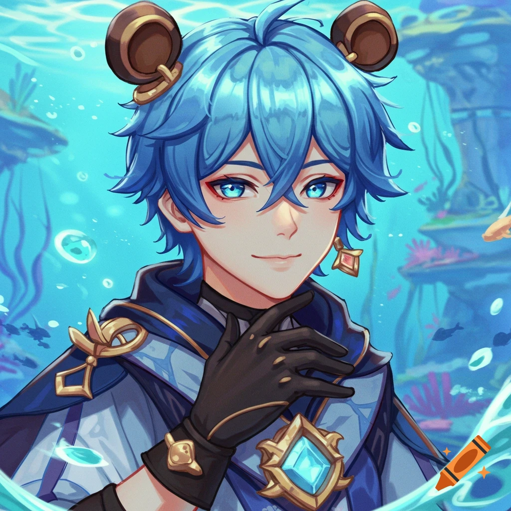 Anime portrait of a blue-haired character with bear ears and blue eyes in an underwater scene