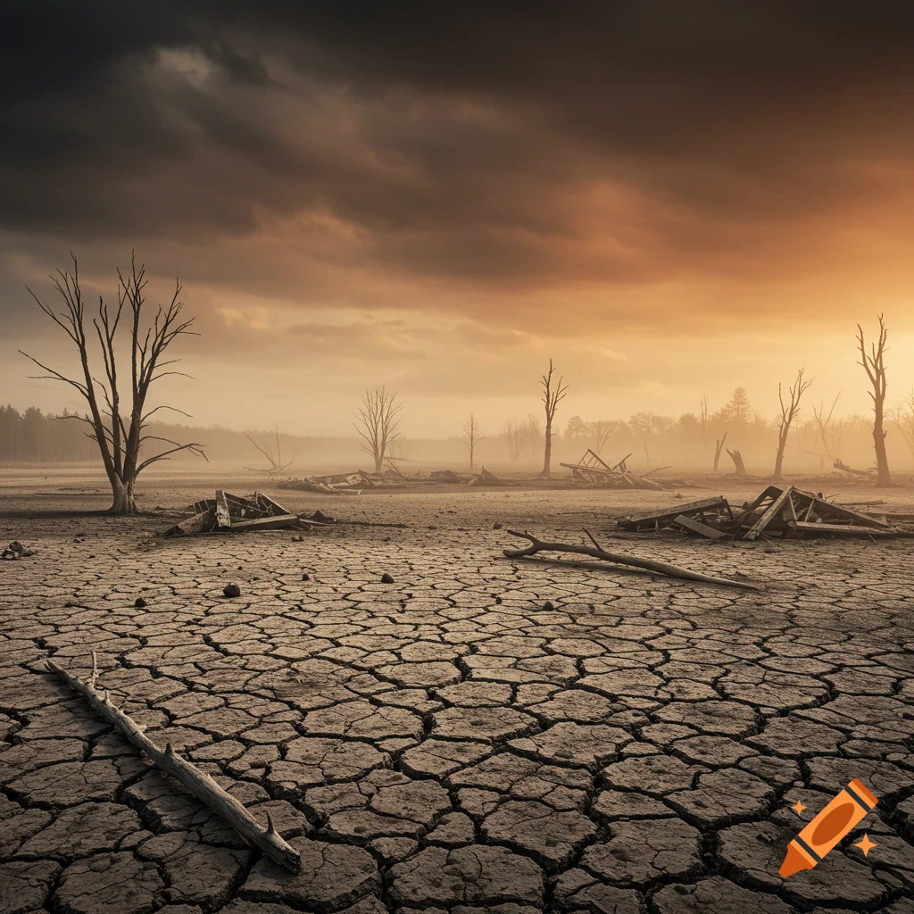 A desolate landscape with cracked, dry earth, dead trees, and debris under a stormy sky at sunset.