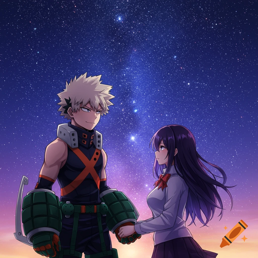 Katsuki Bakugo and a girl with purple hair hold hands under a starry sky in this anime-style image.
