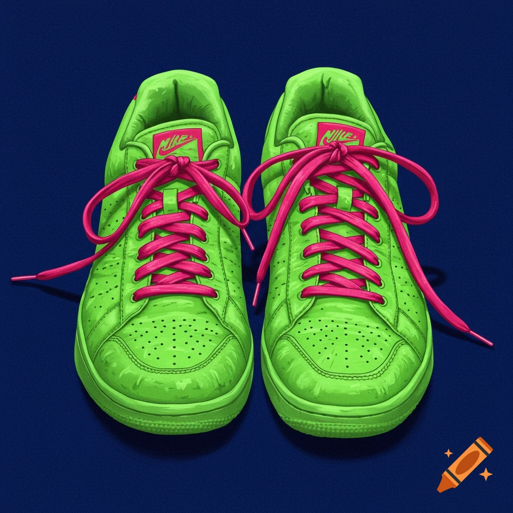 A pair of bright green sneakers with pink laces sit on a blue background.