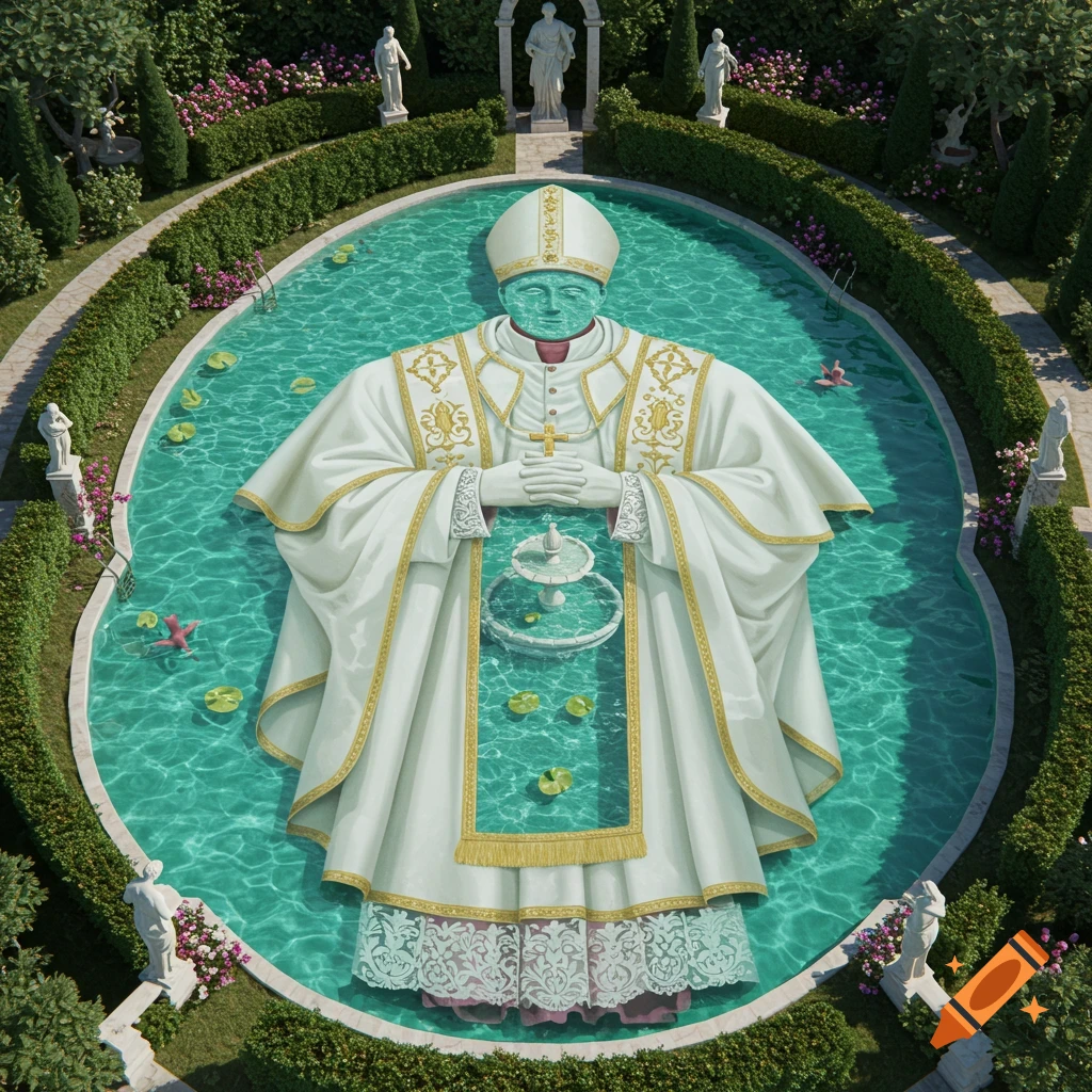 An oval pool in a formal garden, shaped like a pope in white and green vestments.