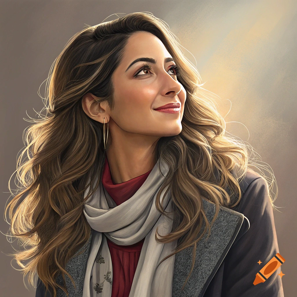 Portrait illustration of a woman with long hair looking up, wearing a coat and scarf.