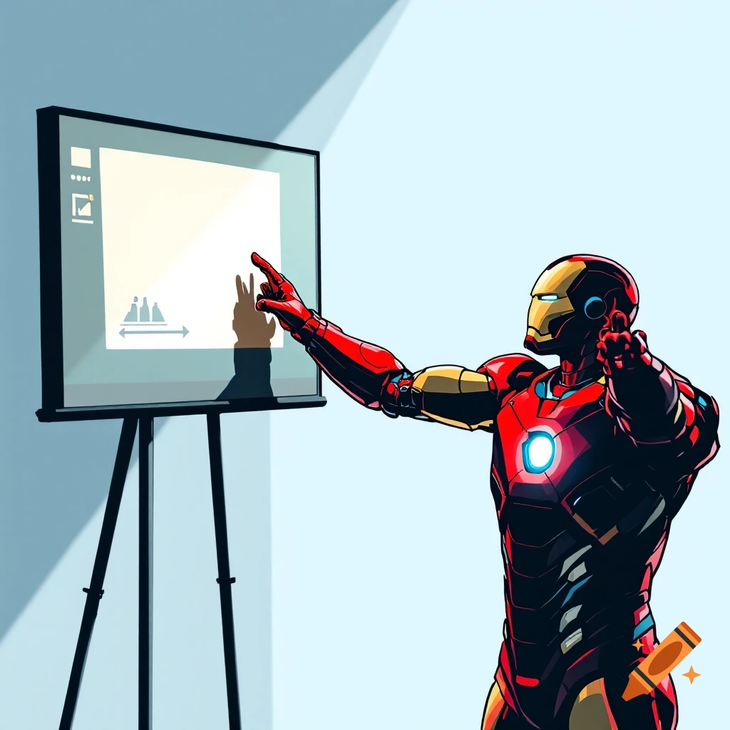 Illustration of Iron Man standing next to a large screen, pointing at it as if giving a presentation.